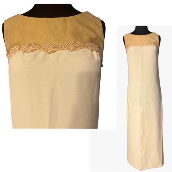 Vtg 60s Butter Yellow Modest Two-Toned Leaf Column Maxi Dress Womens XS Regency - Picture 1 of 5